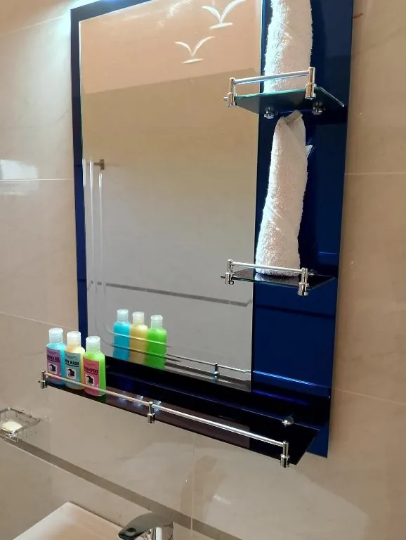 Bathroom mirror and toiletries area